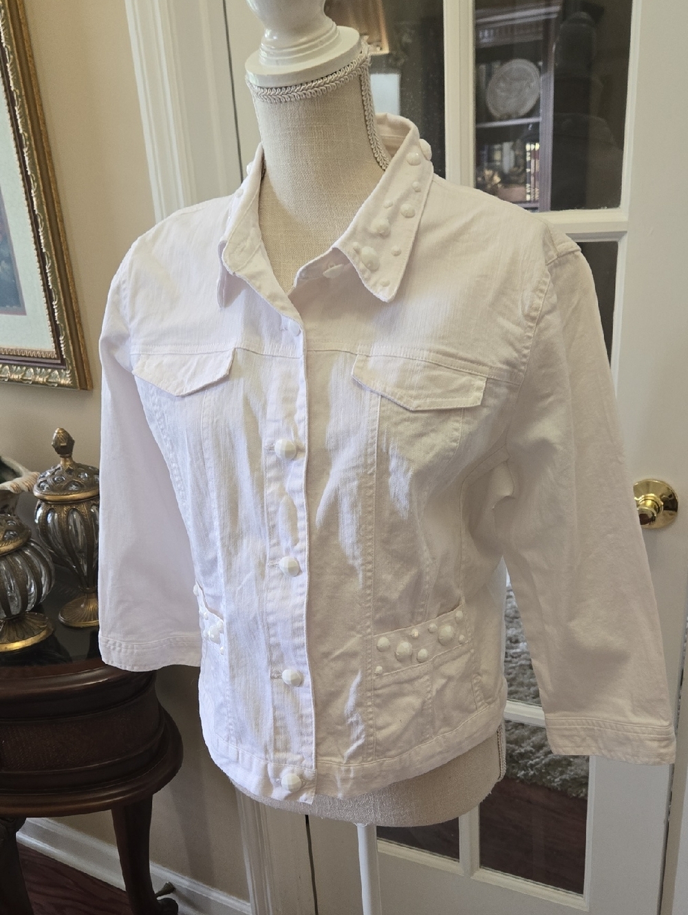 Ruby Rd White Bea Embellished Petite Jacket Button Front  3/4 Sleeve Stretch 16P